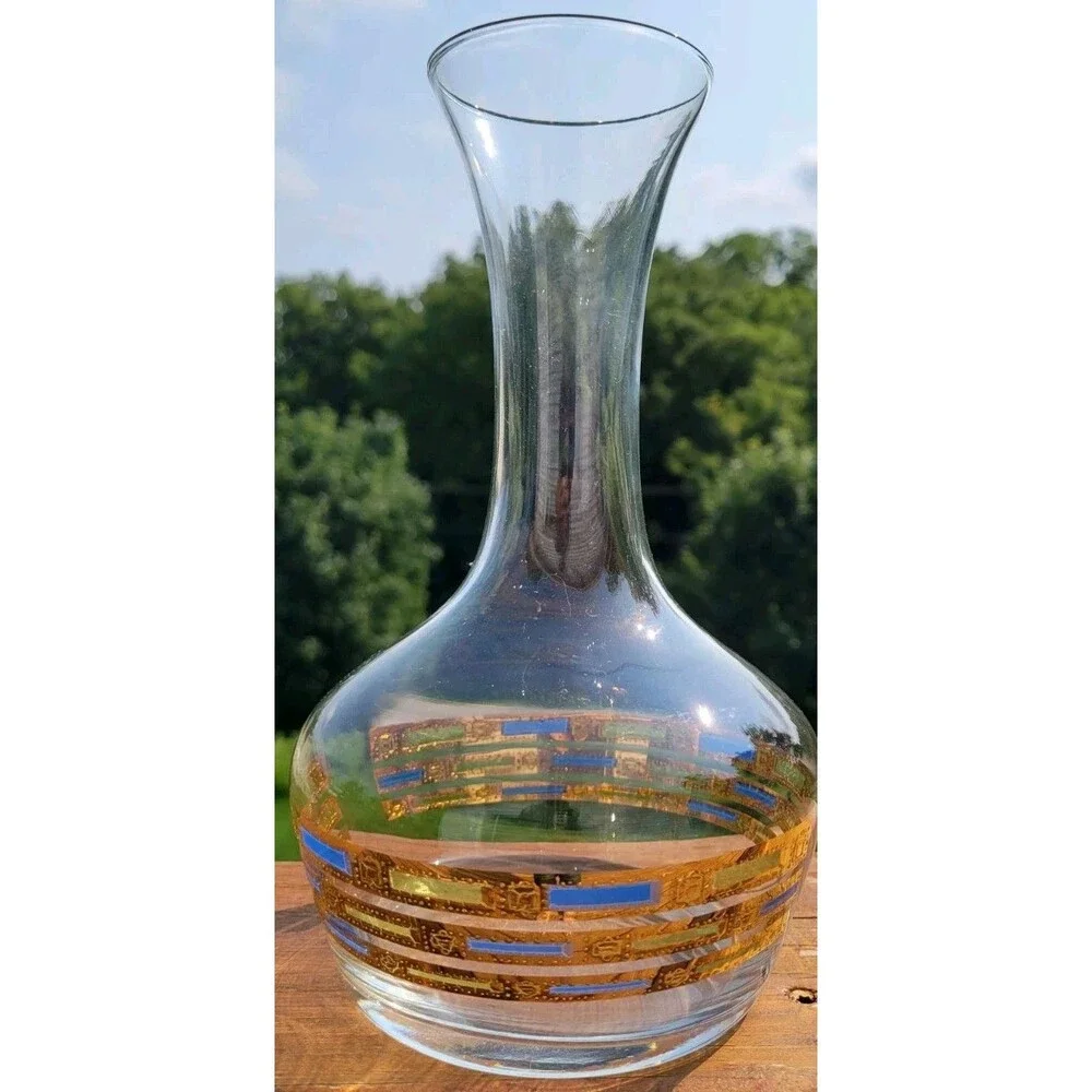 Vintage Culver 22k Gold Blue Empress Glass Carafe Decanter MCM Blue Green Retro
